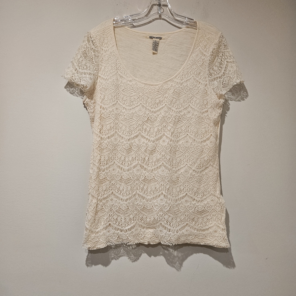 Lucky Brand Cream Lace Short Sleeve Top, Size XL